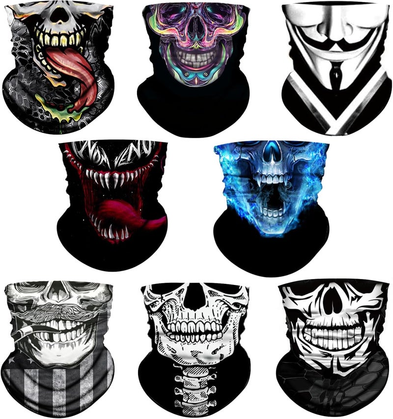 8 Pack Neck Gaiter Skull Motorcycle Face Mask for Men Women Face Cover Mask Head Wrap Balaclava Headwear